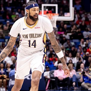 Feb 25, 2024; New Orleans, Louisiana, USA; New Orleans Pelicans forward Brandon Ingram (14) dribbles against the Chicago Bulls during the first half at Smoothie King Center.