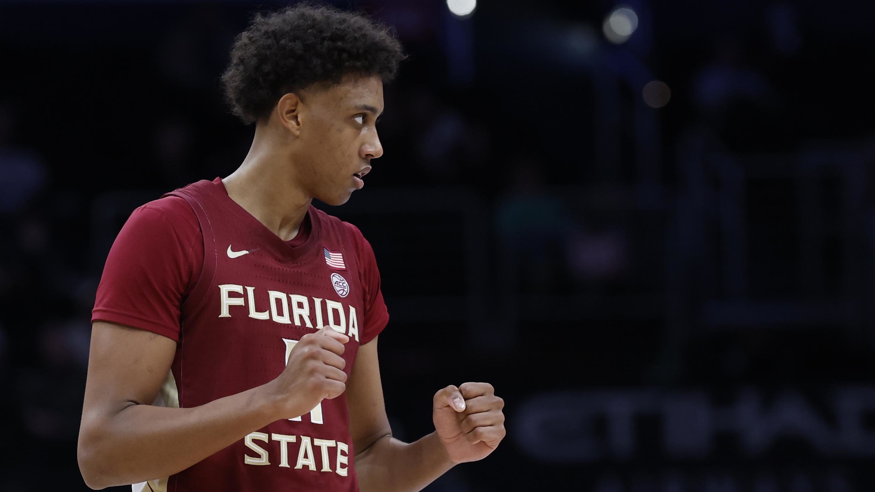 Mar 13, 2024; Washington, D.C., USA; Florida State Seminoles forward Baba Miller (11) celebrates