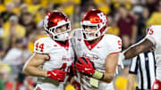 Oct 25, 2025; Tempe, Arizona, USA; Houston Cougars tight end Tanner Koziol (9) celebrates a touchdown with running back Dean Connors (44) against the Arizona State Sun Devils in the second half at Mountain America Stadium. 