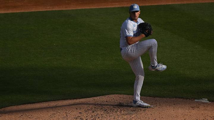 May 31, 2026; Chapel Hill, NC, USA; North Carolina Tar Heels pitcher Folger Boaz (36) pitches against the East Carolina Pirates during game 6 of the Chapel Hill Regional at Boshamer Stadium. Mandatory Credit: William Howard-Imagn Images