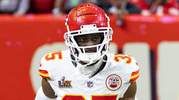 Feb 9, 2025; New Orleans, LA, USA;  Kansas City Chiefs cornerback Jaylen Watson (35) against the Philadelphia Eagles in Super Bowl LIX at Ceasars Superdome. Mandatory Credit: Mark J. Rebilas-Imagn Images