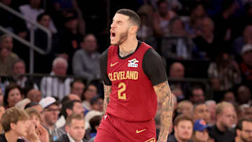 Oct 22, 2025; New York, New York, USA; Cleveland Cavaliers guard Lonzo Ball (2) reacts after a three point shot against the New York Knicks during the fourth quarter at Madison Square Garden. Mandatory Credit: Brad Penner-Imagn Images