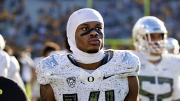 Nov 18, 2023; Tempe, Arizona, USA; Oregon Ducks defensive back Khamari Terrell (14) against the Arizona State Sun Devils at Mountain America Stadium. Mandatory Credit: Mark J. Rebilas-Imagn Images