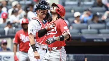 Jul 4, 2024; Bronx, New York, USA; Cincinnati Reds second baseman Jonathan India (6) gestures after hitting a solo home run in the third inning against the New York Yankees at Yankee Stadium. Mandatory Credit: Wendell Cruz-USA TODAY Sports