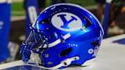 A general view of the Brigham Young Cougars helmet against the Wyoming Cowboys during the second quarter at Jonah Field at War Memorial Stadium. 