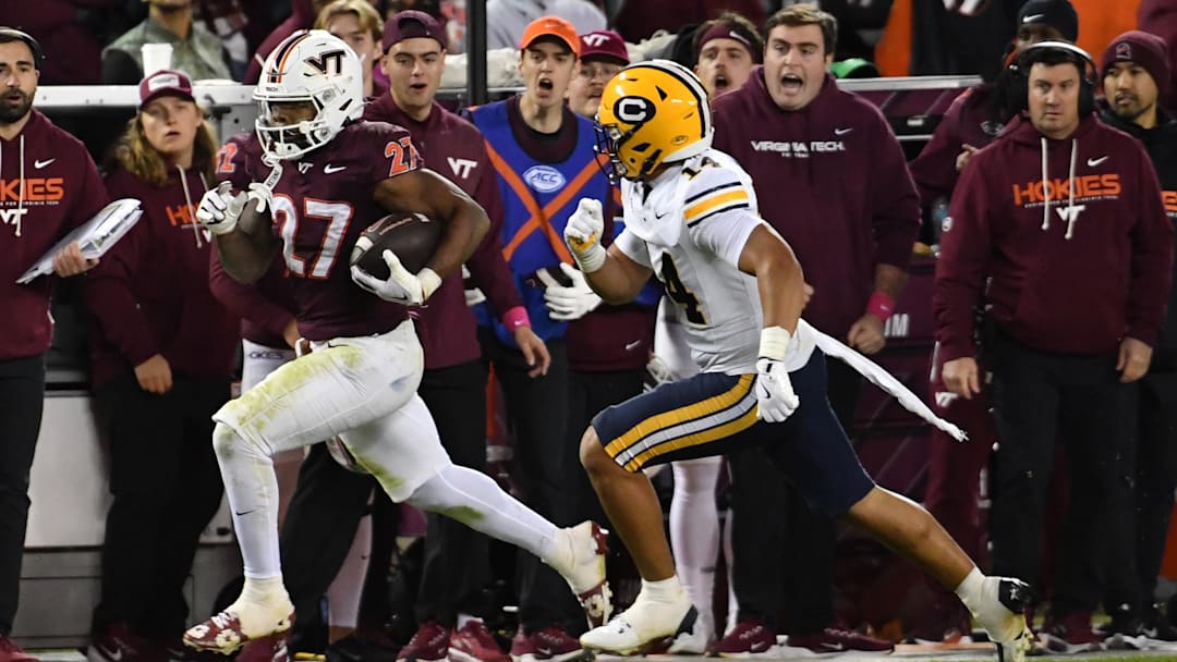 Oct 24, 2025; Blacksburg, Va.; Virginia Tech running back Marcellous Hawkins (27) runs the ball.