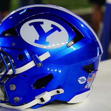 Sep 14, 2024; Laramie, Wyoming, USA; A general view of the Brigham Young Cougars helmet against the Wyoming Cowboys during the second quarter at Jonah Field at War Memorial Stadium. Mandatory Credit: Troy Babbitt-Imagn Images
