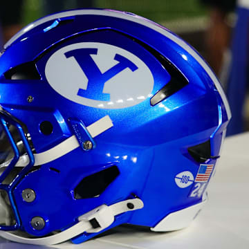 Sep 14, 2024; Laramie, Wyoming, USA; A general view of the Brigham Young Cougars helmet against the Wyoming Cowboys during the second quarter at Jonah Field at War Memorial Stadium.