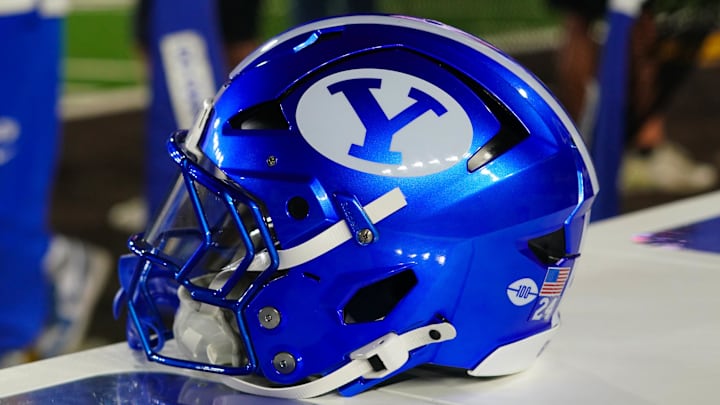 Sep 14, 2024; Laramie, Wyoming, USA; A general view of the Brigham Young Cougars helmet against the Wyoming Cowboys during the second quarter at Jonah Field at War Memorial Stadium.