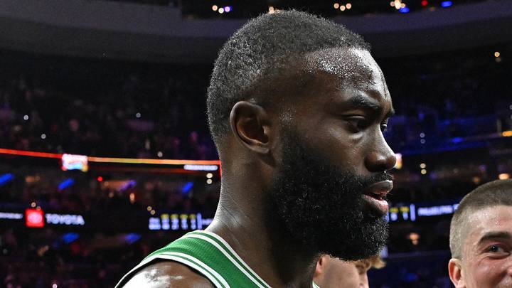 Apr 24, 2026; Philadelphia, Pennsylvania, USA; Boston Celtics guard Jaylen Brown (7) and Boston Celtics guard Payton Pritchard (11) celebrate win against the Philadelphia 76ers at Xfinity Mobile Arena. Mandatory Credit: Eric Hartline-Imagn Images