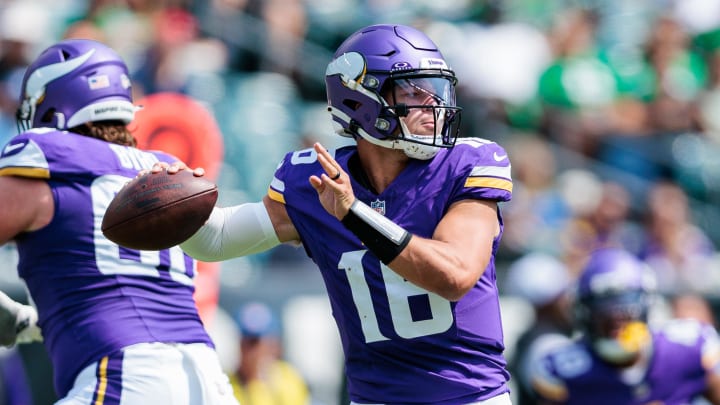 Aug 24, 2024; Philadelphia, Pennsylvania, USA; Minnesota Vikings quarterback Jaren Hall (16) throws against the Philadelphia Eagles during the second quarter at Lincoln Financial Field.