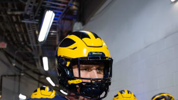 Jan 8, 2024; Houston, TX, USA; Michigan Wolverines offensive lineman Evan Link (71) against the Washington Huskies during the 2024 College Football Playoff national championship game at NRG Stadium. Mandatory Credit: Mark J. Rebilas-USA TODAY Sports