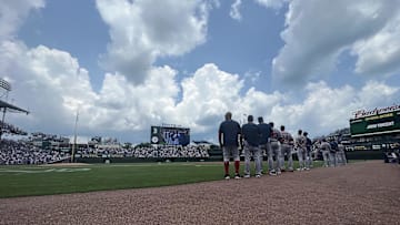 Jul 15, 2023; Chicago, Illinois, USA; The Boston Red Sox stand for the national anthem before the game against the Chicago Cubs at Wrigley Field.