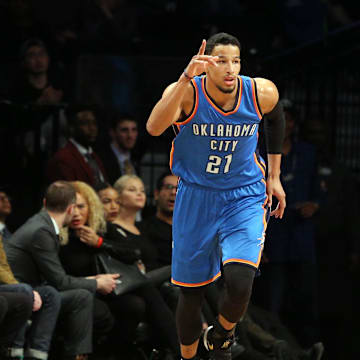 Mar 14, 2017; Brooklyn, NY, USA; Oklahoma City Thunder small forward Andre Roberson (21) reacts during the third quarter against the Brooklyn Nets at Barclays Center. Mandatory Credit: Brad Penner-Imagn Images