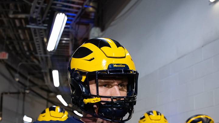 Jan 8, 2024; Houston, TX, USA; Michigan Wolverines offensive lineman Evan Link (71) against the Washington Huskies during the 2024 College Football Playoff national championship game at NRG Stadium. Mandatory Credit: Mark J. Rebilas-USA TODAY Sports