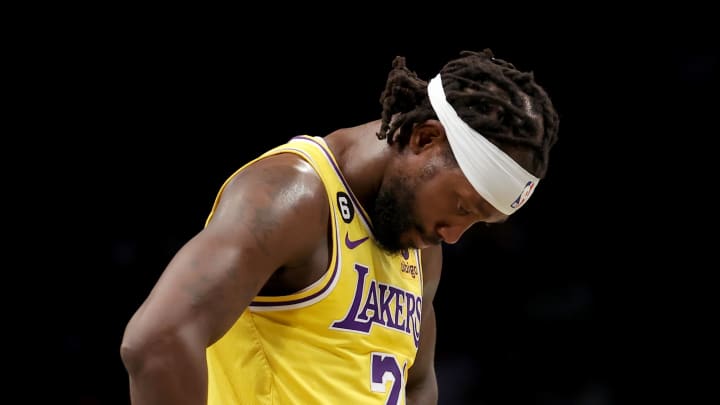 Jan 30, 2023; Brooklyn, New York, USA; Los Angeles Lakers guard Patrick Beverley (21) reacts after receiving a technical foul during the first quarter against the Brooklyn Nets at Barclays Center. Mandatory Credit: Brad Penner-USA TODAY Sports