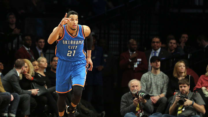 Mar 14, 2017; Brooklyn, NY, USA; Oklahoma City Thunder small forward Andre Roberson (21) reacts during the third quarter against the Brooklyn Nets at Barclays Center. Mandatory Credit: Brad Penner-Imagn Images