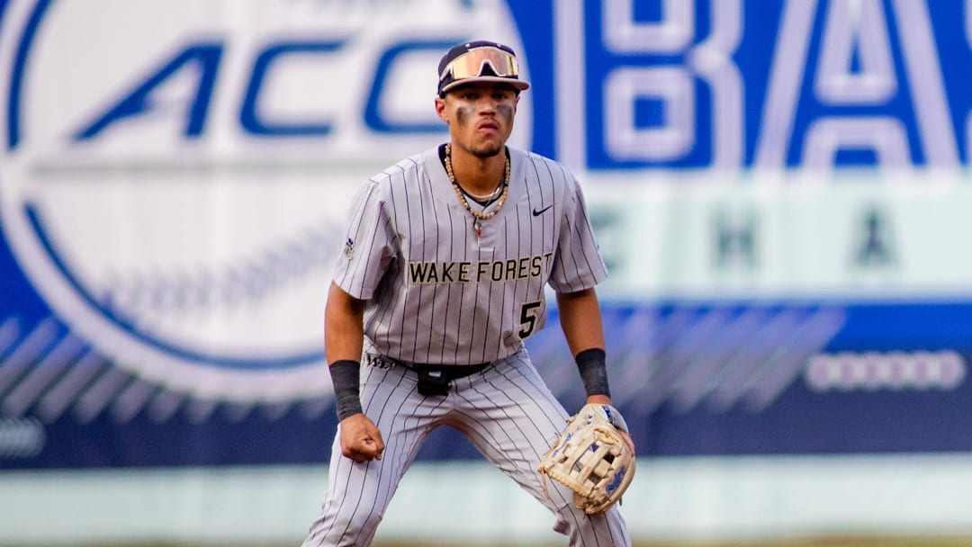 May 24, 2024; Charlotte, NC, USA; Wake Forest utility Seaver King (5) sets up against the North Carolina Tar Heels in the first inning during the ACC Baseball Tournament at Truist Field.