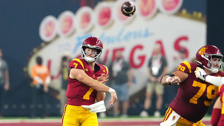 Sep 1, 2024; Paradise, Nevada, USA; Southern California Trojans quarterback Miller Moss (7) throws a pass against the LSU Tigers during the fourth quarter at Allegiant Stadium. Mandatory Credit: Stephen R. Sylvanie-Imagn Images