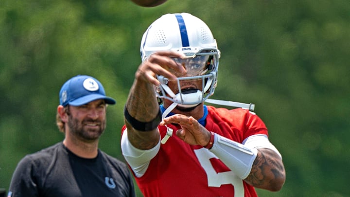 Colts Quarterback Anthony Richardson makes a pass during Indianapolis Colts minicamp practice Tuesday, June 4, 2024 at the Indiana Farm Bureau Football Center. Colts Quarterback Anthony Richardson makes a pass during Indianapolis Colts minicamp practice Tuesday, June 4, 2024 at the Indiana Farm Bureau Football Center.