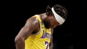 Jan 30, 2023; Brooklyn, New York, USA; Los Angeles Lakers guard Patrick Beverley (21) reacts after receiving a technical foul during the first quarter against the Brooklyn Nets at Barclays Center.