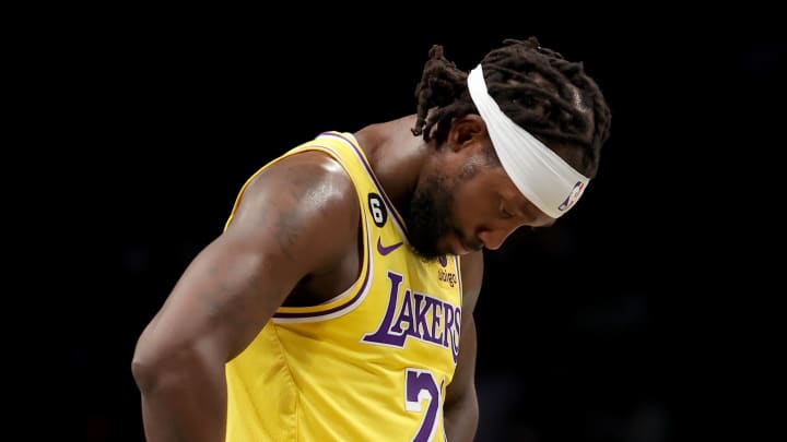 Jan 30, 2023; Brooklyn, New York, USA; Los Angeles Lakers guard Patrick Beverley (21) reacts after receiving a technical foul during the first quarter against the Brooklyn Nets at Barclays Center.