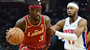 Nov 17, 2023; Cleveland, Ohio, USA; Cleveland Cavaliers guard Caris LeVert (3) drives to the basket against Detroit Pistons guard Stanley Umude (17) during the first half at Rocket Mortgage FieldHouse. Mandatory Credit: Ken Blaze-Imagn Images