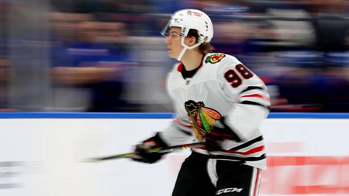 Dec 12, 2024; Elmont, New York, USA; Chicago Blackhawks center Connor Bedard (98) skates against the New York Islanders during the third period at UBS Arena. Mandatory Credit: Brad Penner-Imagn Images