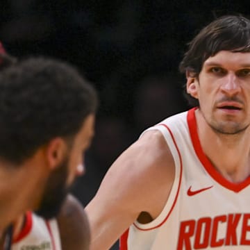 Mar 19, 2024; Washington, District of Columbia, USA; Houston Rockets center Boban Marjanovic (51) defends  during the second half against the Washington Wizards at Capital One Arena.