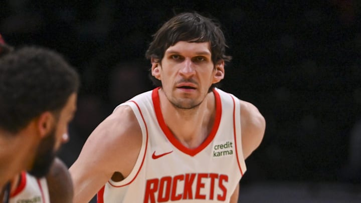 Mar 19, 2024; Washington, District of Columbia, USA; Houston Rockets center Boban Marjanovic (51) defends  during the second half against the Washington Wizards at Capital One Arena.