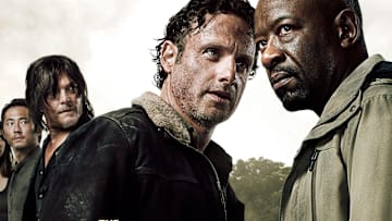 Steven Yeun as Glenn Rhee, Norman Reedus as Daryl Dixon, Andrew Lincoln as Rick Grimes, and Lennie James as Morgan Jones in The Walking Dead.