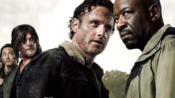 Steven Yeun as Glenn Rhee, Norman Reedus as Daryl Dixon, Andrew Lincoln as Rick Grimes, and Lennie James as Morgan Jones in The Walking Dead.
