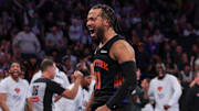 Nov 28, 2025; New York, New York, USA;  New York Knicks guard Jalen Brunson (11) reacts after making a basket during the second half against the Milwaukee Bucks at Madison Square Garden. Mandatory Credit: Vincent Carchietta-Imagn Images