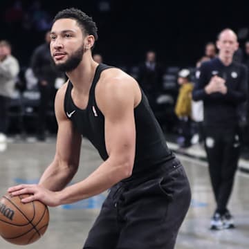 Feb 8, 2024; Brooklyn, New York, USA; Brooklyn Nets guard Ben Simmons (10) warms up prior to the game against the Cleveland Cavaliers at Barclays Center. Mandatory Credit: Wendell Cruz-Imagn Images