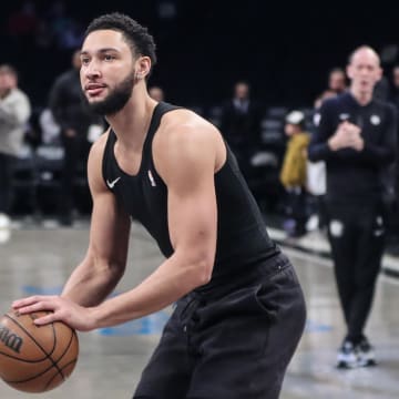 Feb 8, 2024; Brooklyn, New York, USA; Brooklyn Nets guard Ben Simmons (10) warms up prior to the game against the Cleveland Cavaliers at Barclays Center. Mandatory Credit: Wendell Cruz-USA TODAY Sports