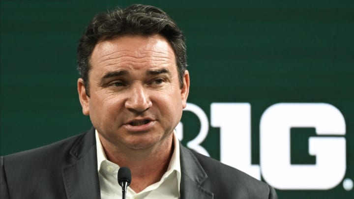 Jul 24, 2024; Indianapolis, IN, USA;  Michigan State Spartans head coach Jonathan Smith speaks to the media during the Big 10 football media day at Lucas Oil Stadium. Mandatory Credit: Robert Goddin-USA TODAY Sports