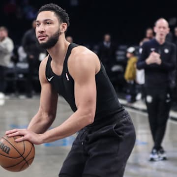 Feb 8, 2024; Brooklyn, New York, USA; Brooklyn Nets guard Ben Simmons (10) warms up prior to the game against the Cleveland Cavaliers at Barclays Center. Mandatory Credit: Wendell Cruz-Imagn Images