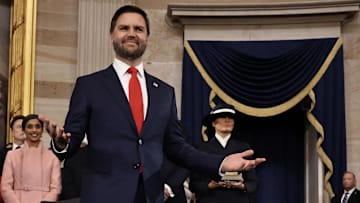 Vice President-elect former Sen. J.D. Vance (R-OH) arrives to the inauguration of U.S. President-elect Donald Trump in the Rotunda of the U.S. Capitol.