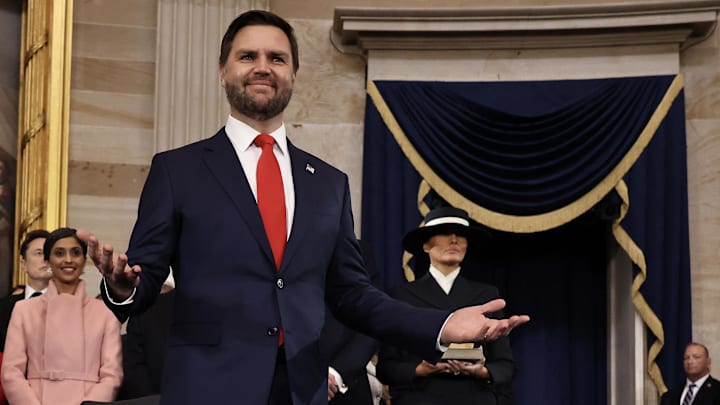 Vice President-elect former Sen. J.D. Vance (R-OH) arrives to the inauguration of U.S. President-elect Donald Trump in the Rotunda of the U.S. Capitol.