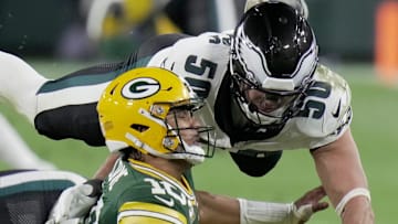 Philadelphia Eagles linebacker Jaelan Phillips (50) pressures Green Bay Packers quarterback Jordan Love (10) during the fourth quarter of their game Monday, November 10, 2025 at Lambeau Field in Green Bay, Wisconsin.