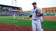 Columbus Clippers infielder Juan Brito (24) jogs to the dugout during the game against the St. Paul Saints at Huntington Park on Tuesday, April 1, 2025 in Columbus, Ohio.