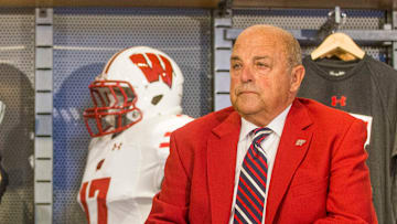 7/10/2020: Tribune Photo/ROBERT FRANKLINNotre Dame Athletic Director Jack Swarbrick and University of Wisconsin Athletic Director Barry Alvarez are shown on Aug. 14, 2017, inside the Under Armour store in Chicago during an announcement for a series of football games in 2020 and 2021 to be played at Lambeau Field and Soldier Field Notre Dame Athletic Director Jack Swarbrick and University of Wisconsin Athletic Director Barry Alvarez speak during an announcement for a series of football games in