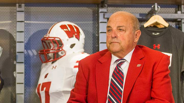 7/10/2020: Tribune Photo/ROBERT FRANKLINNotre Dame Athletic Director Jack Swarbrick and University of Wisconsin Athletic Director Barry Alvarez are shown on Aug. 14, 2017, inside the Under Armour store in Chicago during an announcement for a series of football games in 2020 and 2021 to be played at Lambeau Field and Soldier Field Notre Dame Athletic Director Jack Swarbrick and University of Wisconsin Athletic Director Barry Alvarez speak during an announcement for a series of football games in