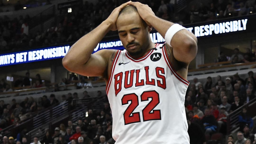 Former Chicago Bulls forward Talen Horton-Tucker (22) reacts after he fouls Cleveland Cavaliers guard Donovan Mitchell (not pictured) during the second half at United Center.
