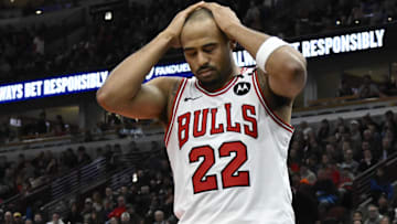 Former Chicago Bulls forward Talen Horton-Tucker (22) reacts after he fouls Cleveland Cavaliers guard Donovan Mitchell (not pictured) during the second half at United Center.