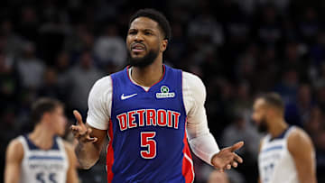 Mar 30, 2025; Minneapolis, Minnesota, USA; Detroit Pistons guard Malik Beasley (5) reacts during the second quarter against the Minnesota Timberwolves at Target Center. Mandatory Credit: Matt Krohn-Imagn Images