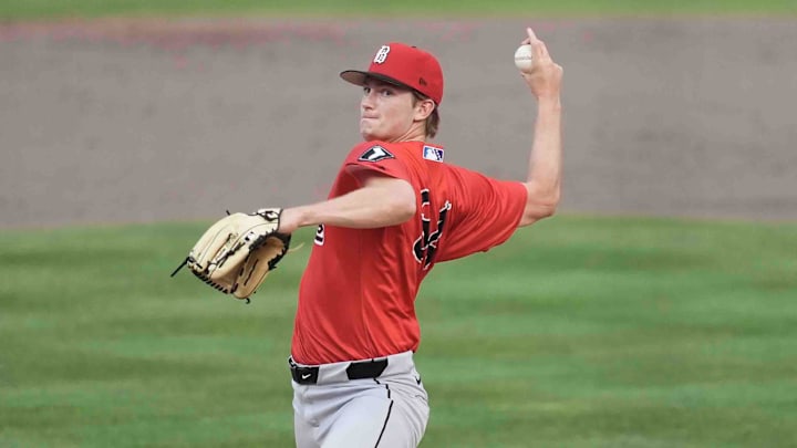 Barons pitcher and former Tennessee pitcher Mark McLaughlin (34) throws a pitch during a game between the Knoxville Smokies and the Birmingham Barons, at Covenant Health Park in downtown Knoxville’s Old City, June 24, 2025.