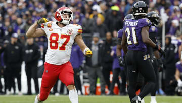 Jan 28, 2024; Baltimore, Maryland, USA; Kansas City Chiefs tight end Travis Kelce (87) celebrates after catching a pass against the Baltimore Ravens in the AFC Championship football game at M&T Bank Stadium. Mandatory Credit: Geoff Burke-USA TODAY Sports