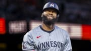 Jul 12, 2024; San Francisco, California, USA; Minnesota Twins left fielder Manuel Margot (13) reacts after striking out during the fifth inning of the game against the San Francisco Giants at Oracle Park.