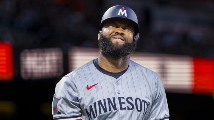 Jul 12, 2024; San Francisco, California, USA; Minnesota Twins left fielder Manuel Margot (13) reacts after striking out during the fifth inning of the game against the San Francisco Giants at Oracle Park.